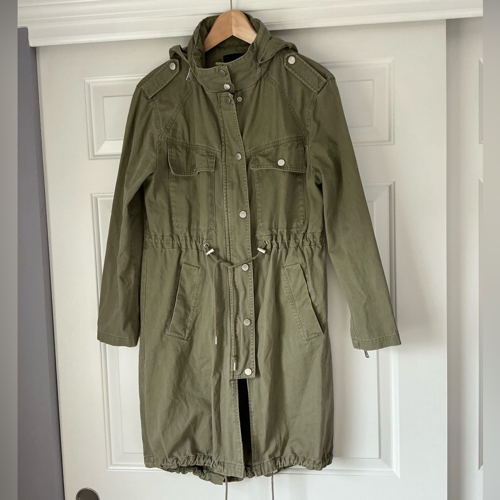 7 For All Mankind Olive Green Utility Cargo Drawstring Waist Trench Coat